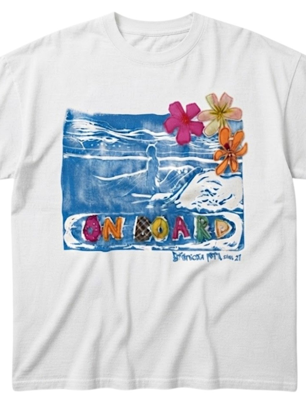 On Board Surf Graphic White Gildan T-Shirt Floral Patch Tee